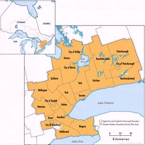 A Government of Ontario graphic illustrating the Greater Golden Horseshoe Area. Expanded rent control and a foreign buyer tax (in the GGHA) are part of the Ontario Fair Housing Plan.