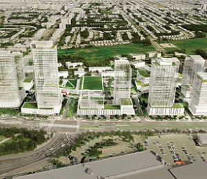 An artist's conception of the proposed redevelopment of the Toronto Golden Mile shopping centre, by Choice Properties REIT.