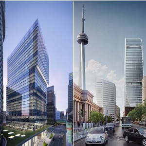 Renderings of: Cadillac Fairview is developing both 16 York, left, and 160 Front St., West in Toronto.